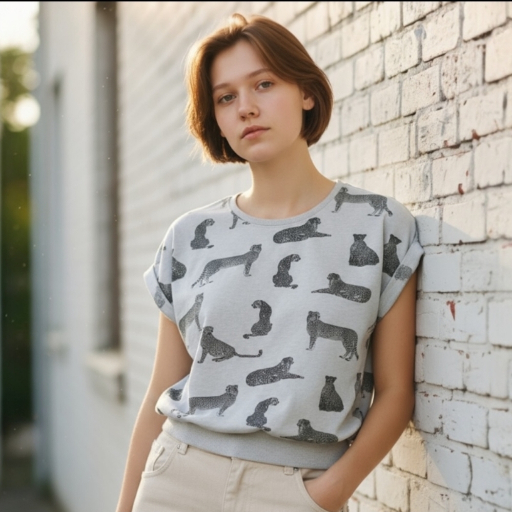 The Essential sweatshirt Leopard Print Short Sleeve Top Size MP